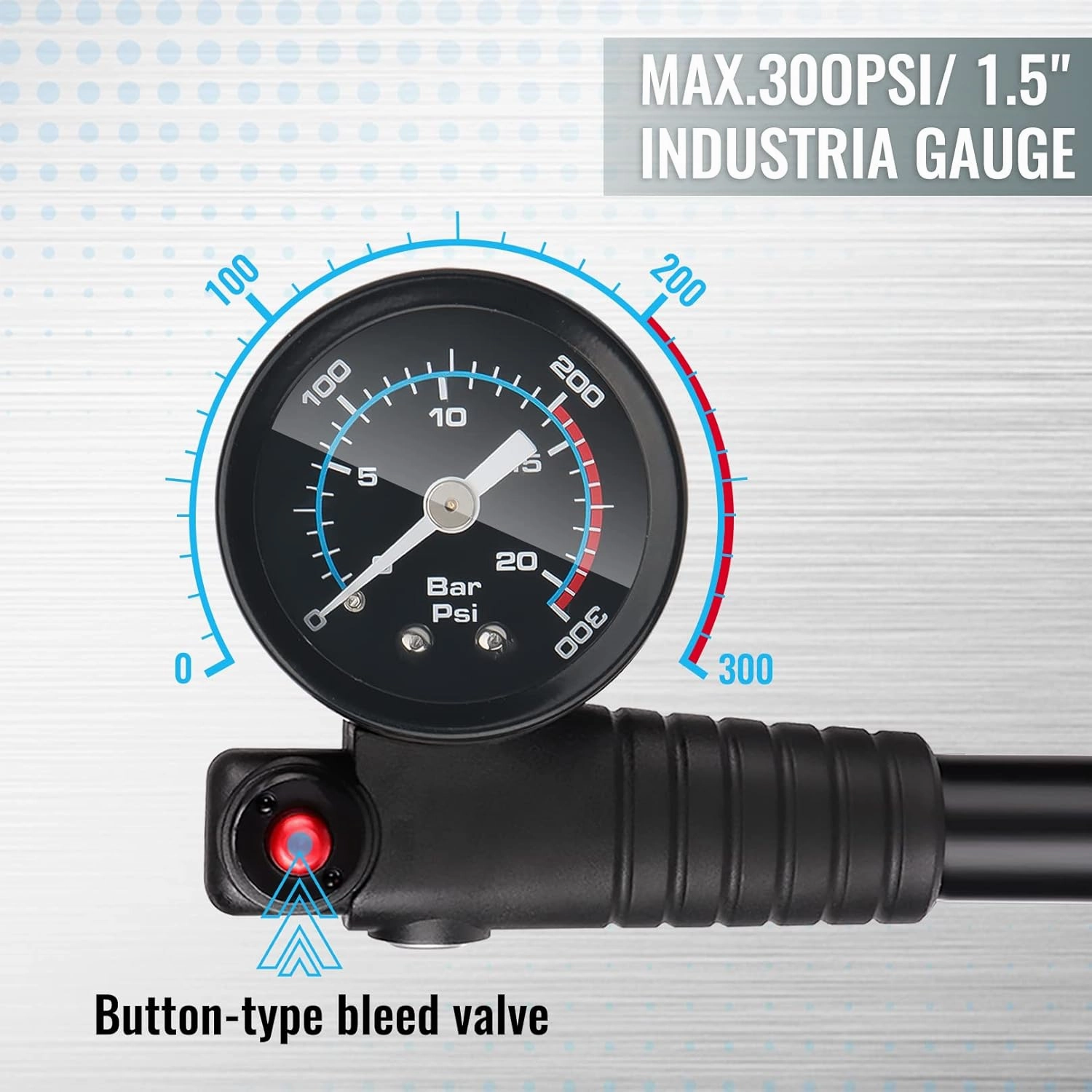 Hycline Shock Pump for Mountain Bike, High Pressure 300 Psi for Front Fork and Rear Bicycle Suspension Air Pump with Gauge Fits Schrader & Presta Tire Valve