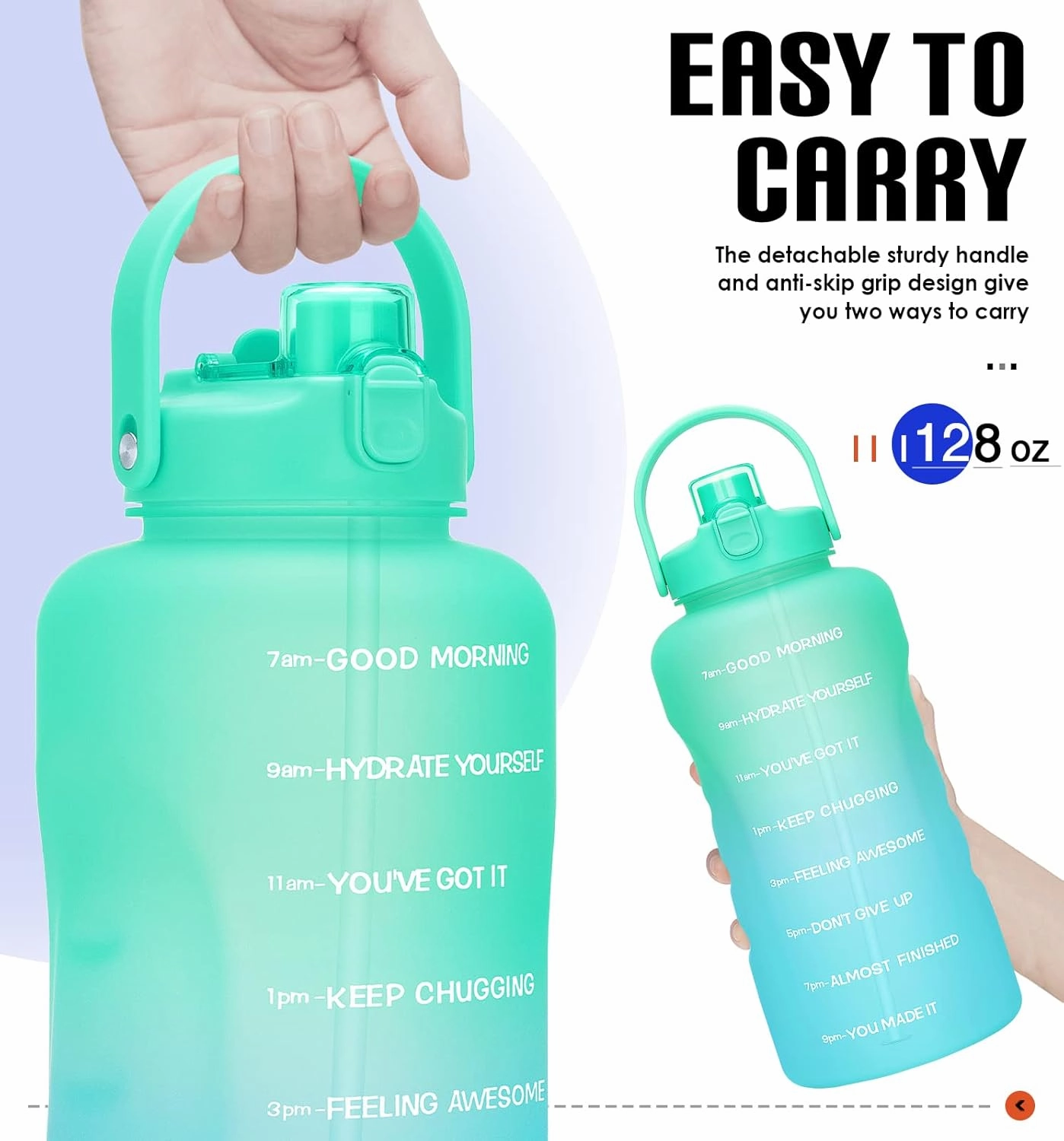 HydroPal 1 Gallon Water Bottles with Straw, 128 oz / 3.8L Water Bottle BPA Free Innovative 2-IN-1 Lid Gym Bottle with Times to Drink Motivational, Large for Sports Fitness Camping Water Jug One Gallon