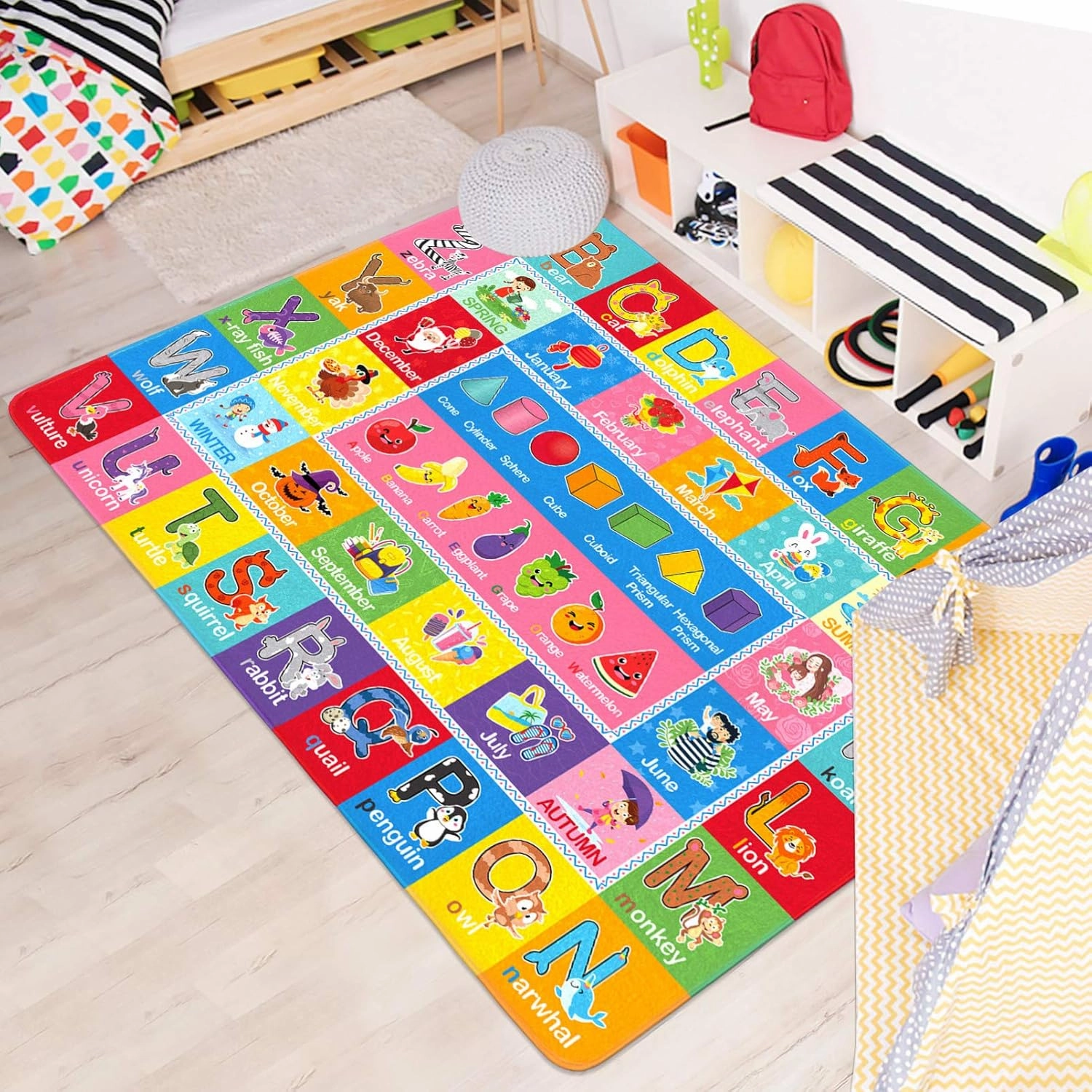 IMIKEYA Play Rugs Playroom Mat with Colorful Pattern, Playtime Collection ABC Alphabet, Seasons, Months, Fruit and Shapes Playmat Educational Rug for Kids Playroom Bedroom, 55 x 43.3 Inch