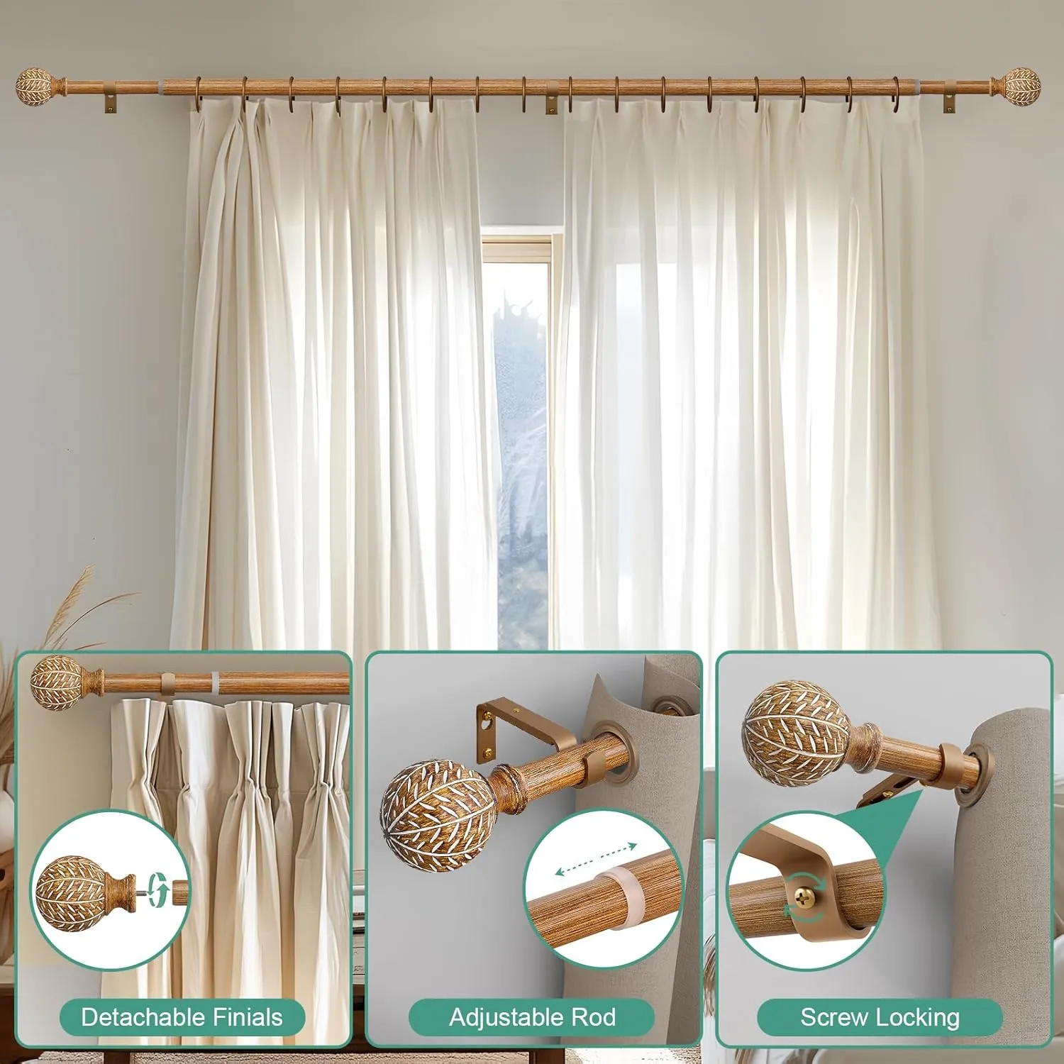 Imitation Wood Grain Ball Curtain Rods for Windows 72 to 144 Inch,1 Inch Heavy Duty Adjustable Wood Curtain Rod,Boho Decorative Drapery Rods Set with Brackets,Size:36''-150''