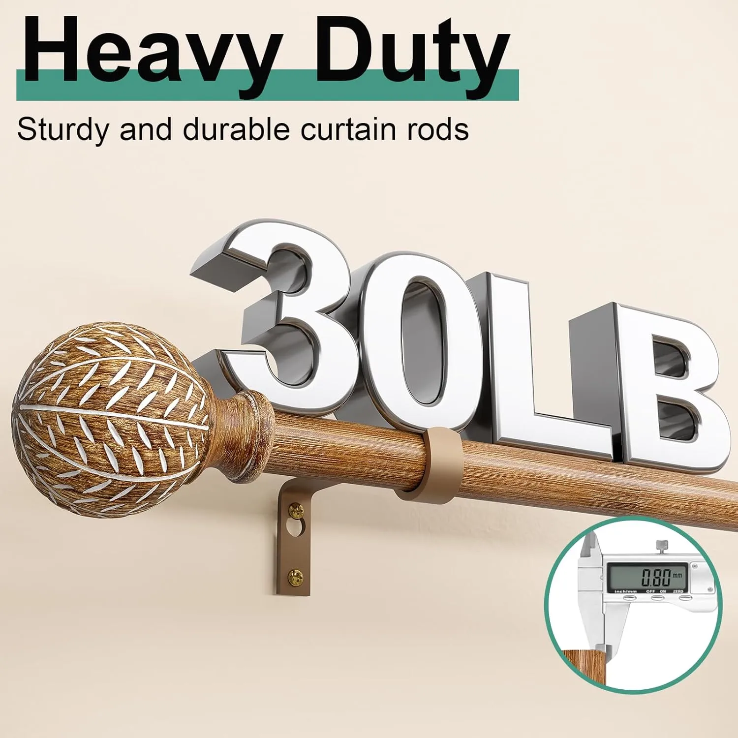 Imitation Wood Grain Ball Curtain Rods for Windows 72 to 144 Inch,1 Inch Heavy Duty Adjustable Wood Curtain Rod,Boho Decorative Drapery Rods Set with Brackets,Size:36''-150''