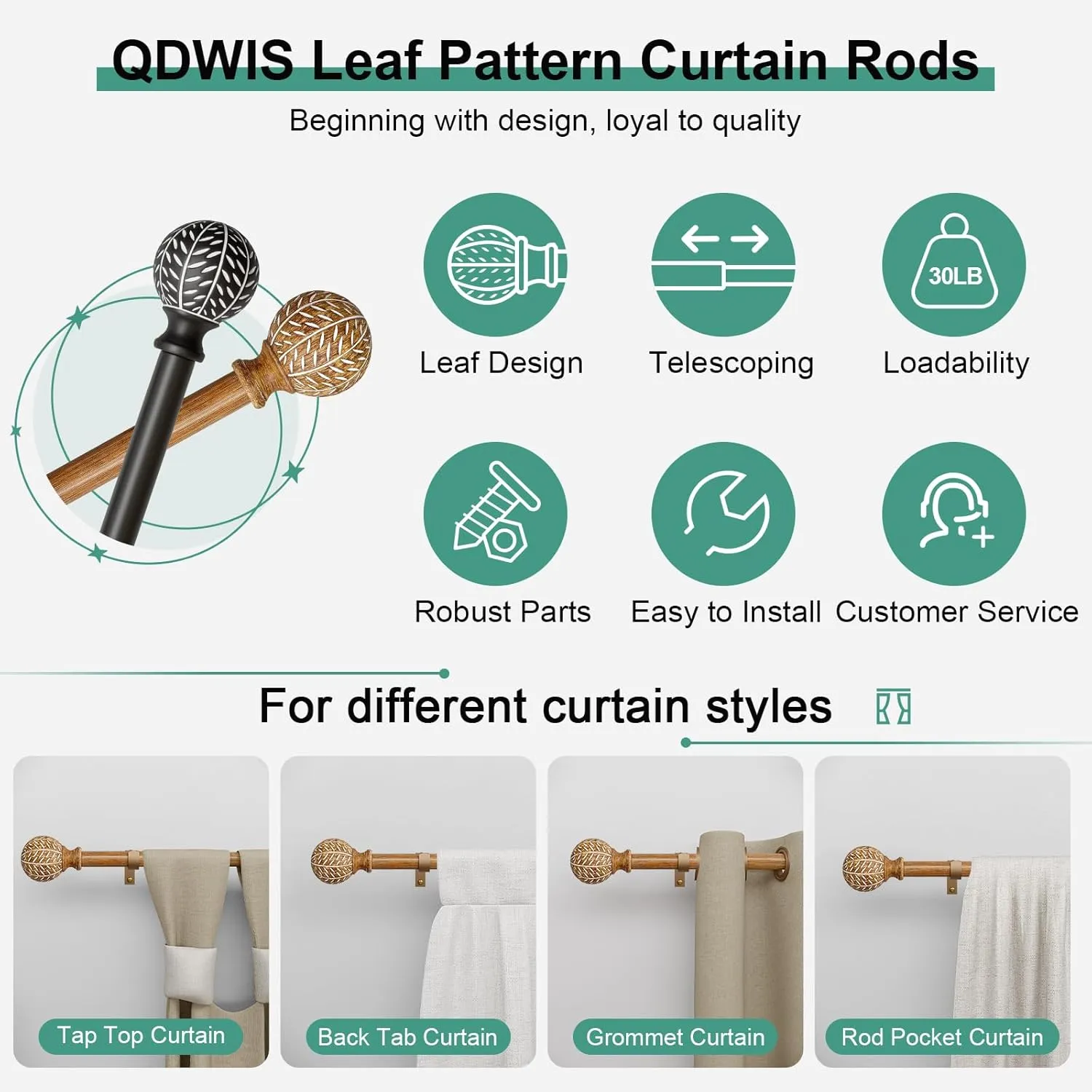 Imitation Wood Grain Ball Curtain Rods for Windows 72 to 144 Inch,1 Inch Heavy Duty Adjustable Wood Curtain Rod,Boho Decorative Drapery Rods Set with Brackets,Size:36''-150''