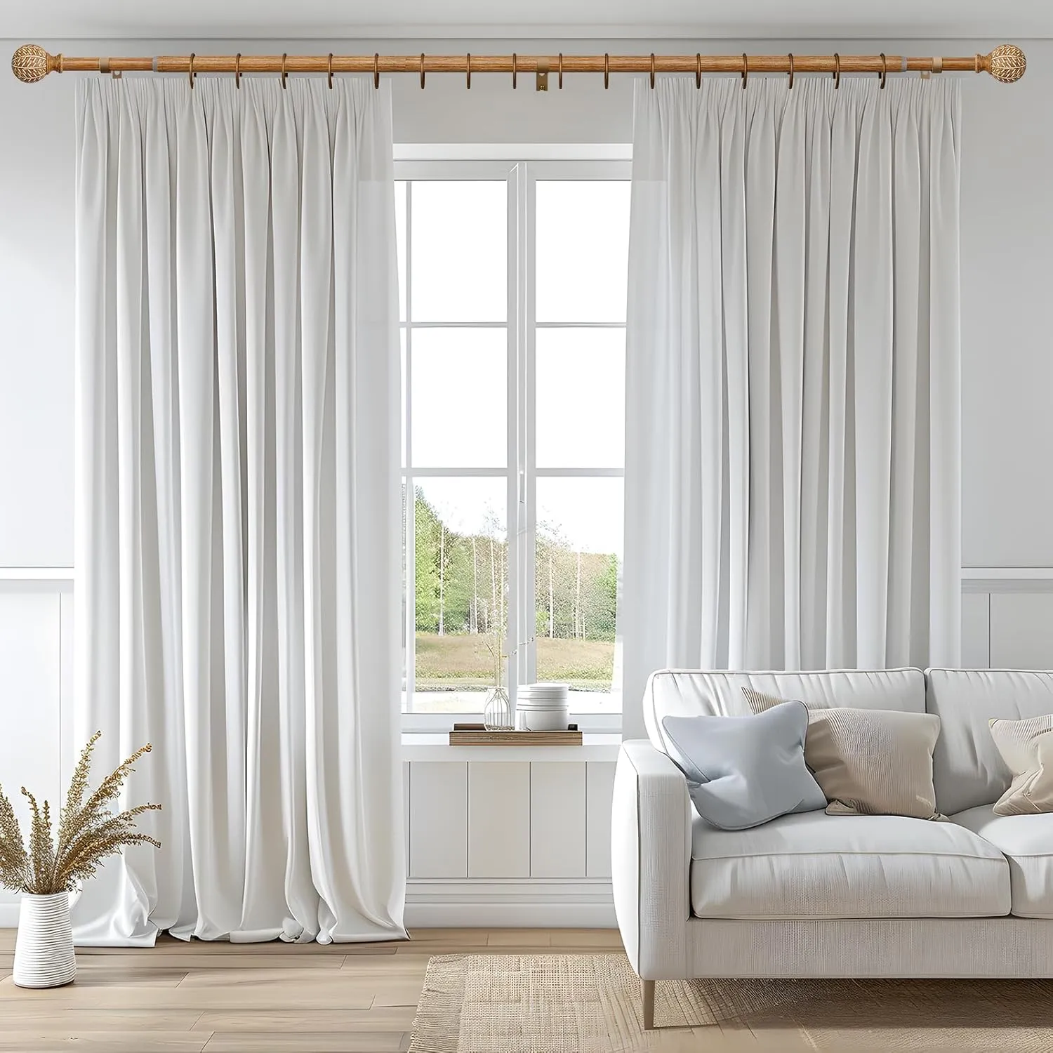 Imitation Wood Grain Ball Curtain Rods for Windows 72 to 144 Inch,1 Inch Heavy Duty Adjustable Wood Curtain Rod,Boho Decorative Drapery Rods Set with Brackets,Size:36''-150''