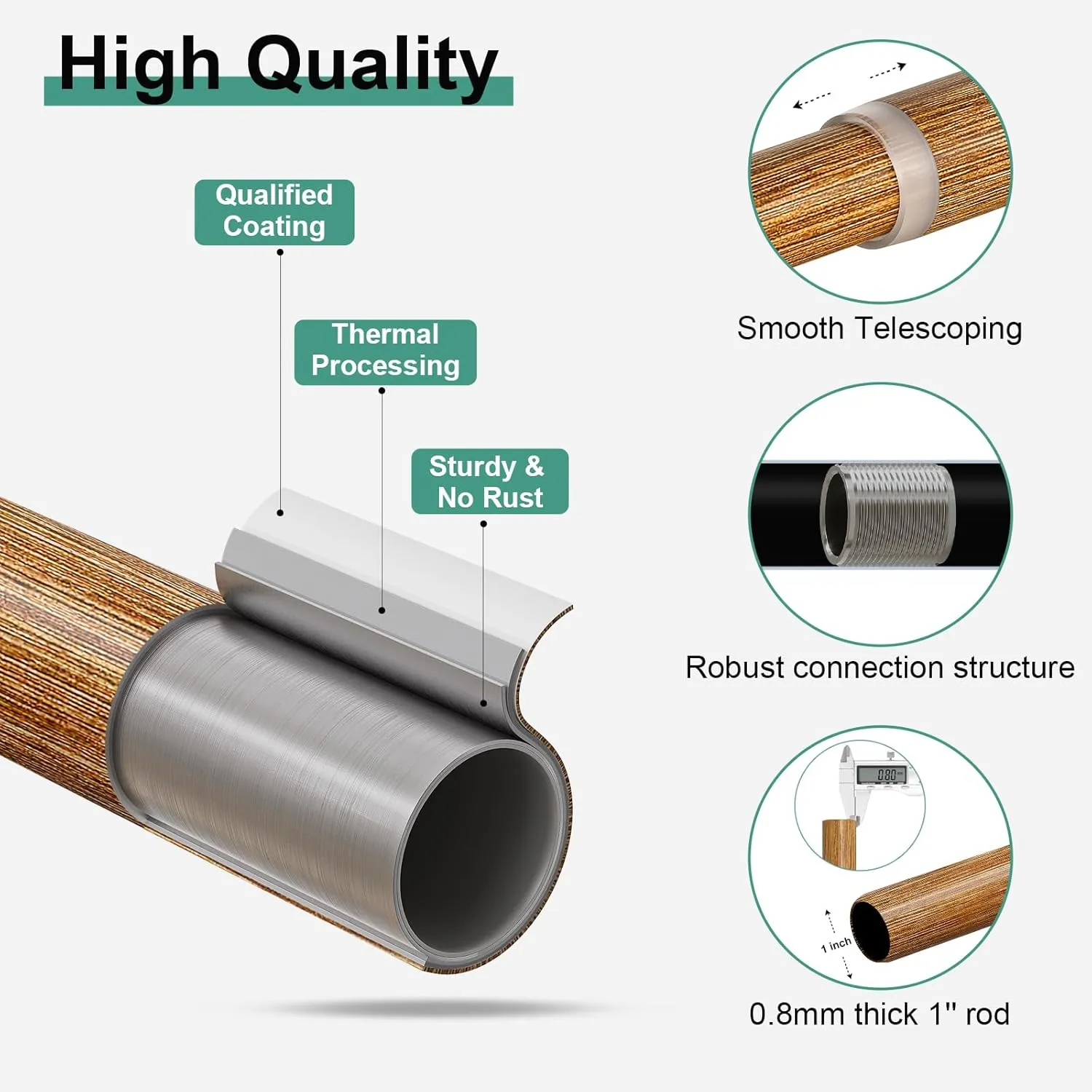 Imitation Wood Grain Ball Curtain Rods for Windows 72 to 144 Inch,1 Inch Heavy Duty Adjustable Wood Curtain Rod,Boho Decorative Drapery Rods Set with Brackets,Size:36''-150''