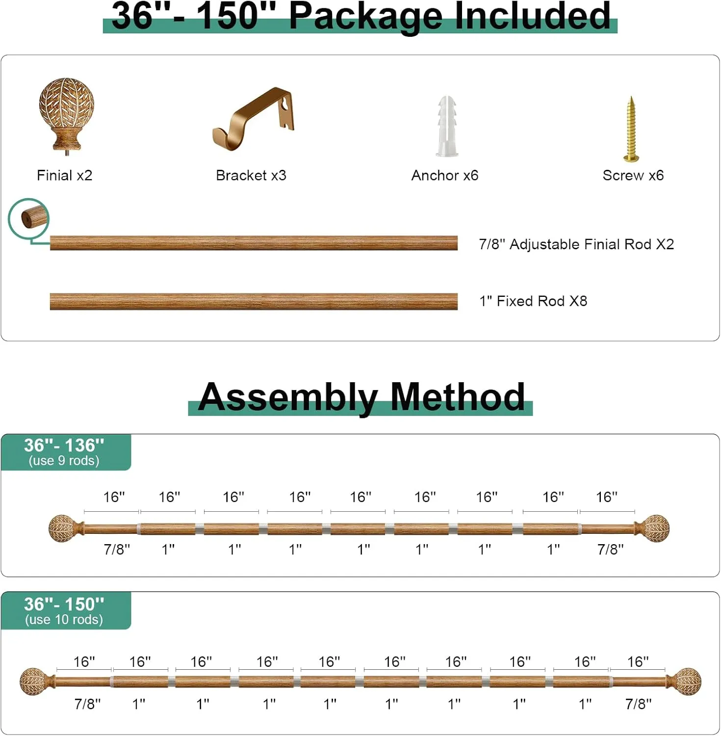 Imitation Wood Grain Ball Curtain Rods for Windows 72 to 144 Inch,1 Inch Heavy Duty Adjustable Wood Curtain Rod,Boho Decorative Drapery Rods Set with Brackets,Size:36''-150''