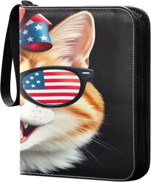 Independence Day Cat Card Binder 4 Pocket Collectible Trading Card Albums with 50 Sleeves Double Side PU Waterproof 3 Ring for Sports & Game Cards