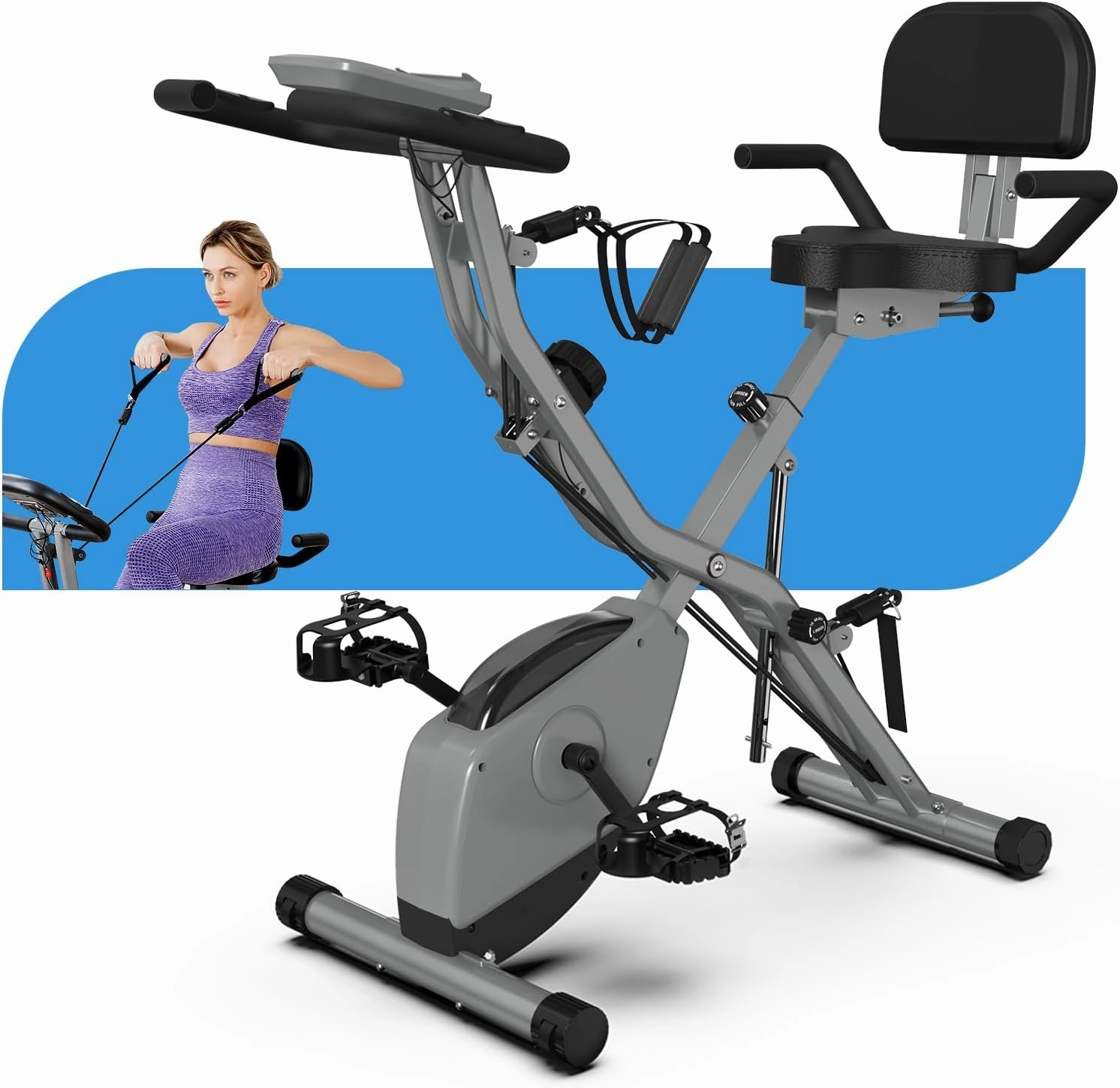 Indoor Exercise Bike for Seniors, 5 IN 1 Foldable Stationary Bike with 16-Level Magnetic Resistance and Tri-Position Ride, 330LBS Capacity, 6.6 LBS Flywheel, for Home Workout 818 Gray