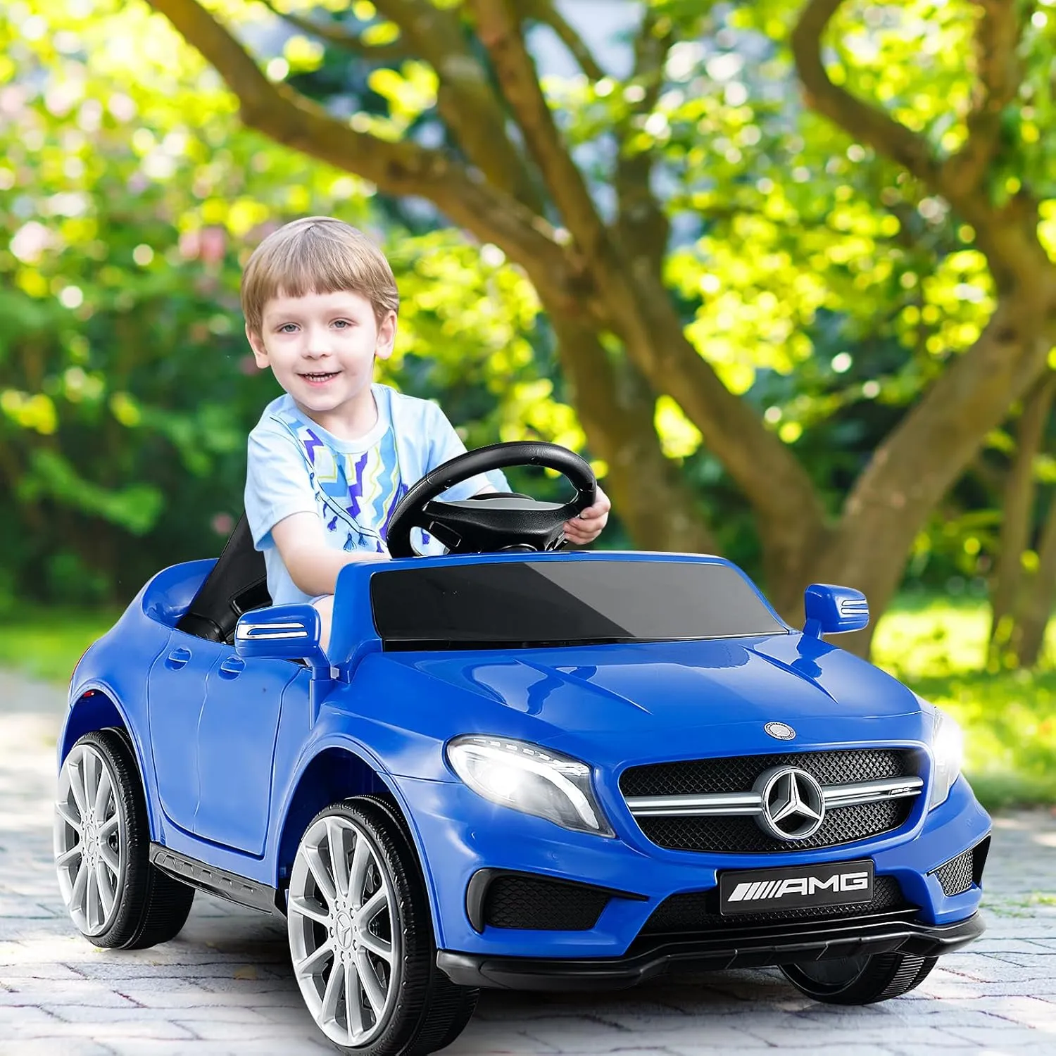 INFANS 12V Electric Kids Ride On Car, Licensed Mercedes Benz GLA45 Toy Car with Remote Control, MP3 Plug, USB, 2 Speeds, LED Lights, Battery Powered Toy Vehicle for Toddler Children (Blue)