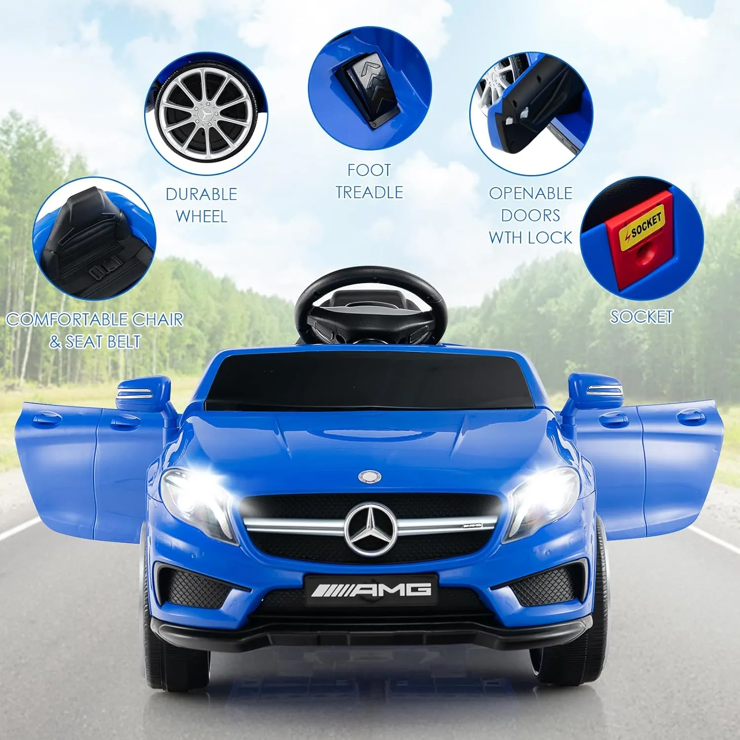 INFANS 12V Electric Kids Ride On Car, Licensed Mercedes Benz GLA45 Toy Car with Remote Control, MP3 Plug, USB, 2 Speeds, LED Lights, Battery Powered Toy Vehicle for Toddler Children (Blue)
