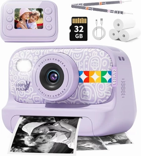 Instant Print Camera for Kids, Christmas Birthday Gifts for Girls Boys Age 3-12, Thermal Printing,1080P Digital Video Portable Travel Toddler Toy Camera Purple