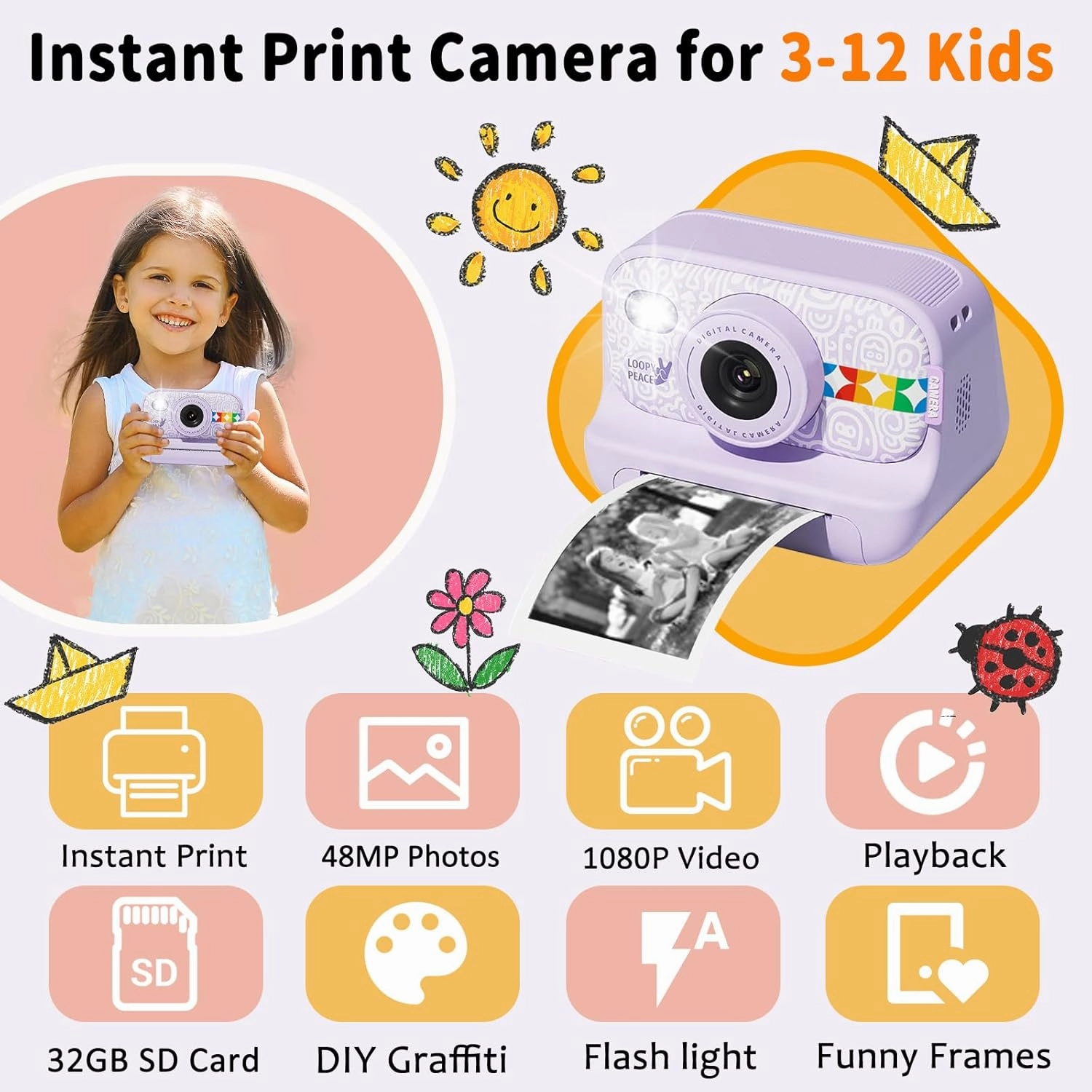 Instant Print Camera for Kids, Christmas Birthday Gifts for Girls Boys Age 3-12, Thermal Printing,1080P Digital Video Portable Travel Toddler Toy Camera Purple