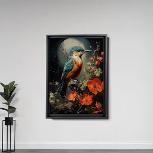 Intricate Pen Illustration of a Hummingbird on a Black Board, Dark Red and Light Emerald Palette, Canvas, Art Decor
