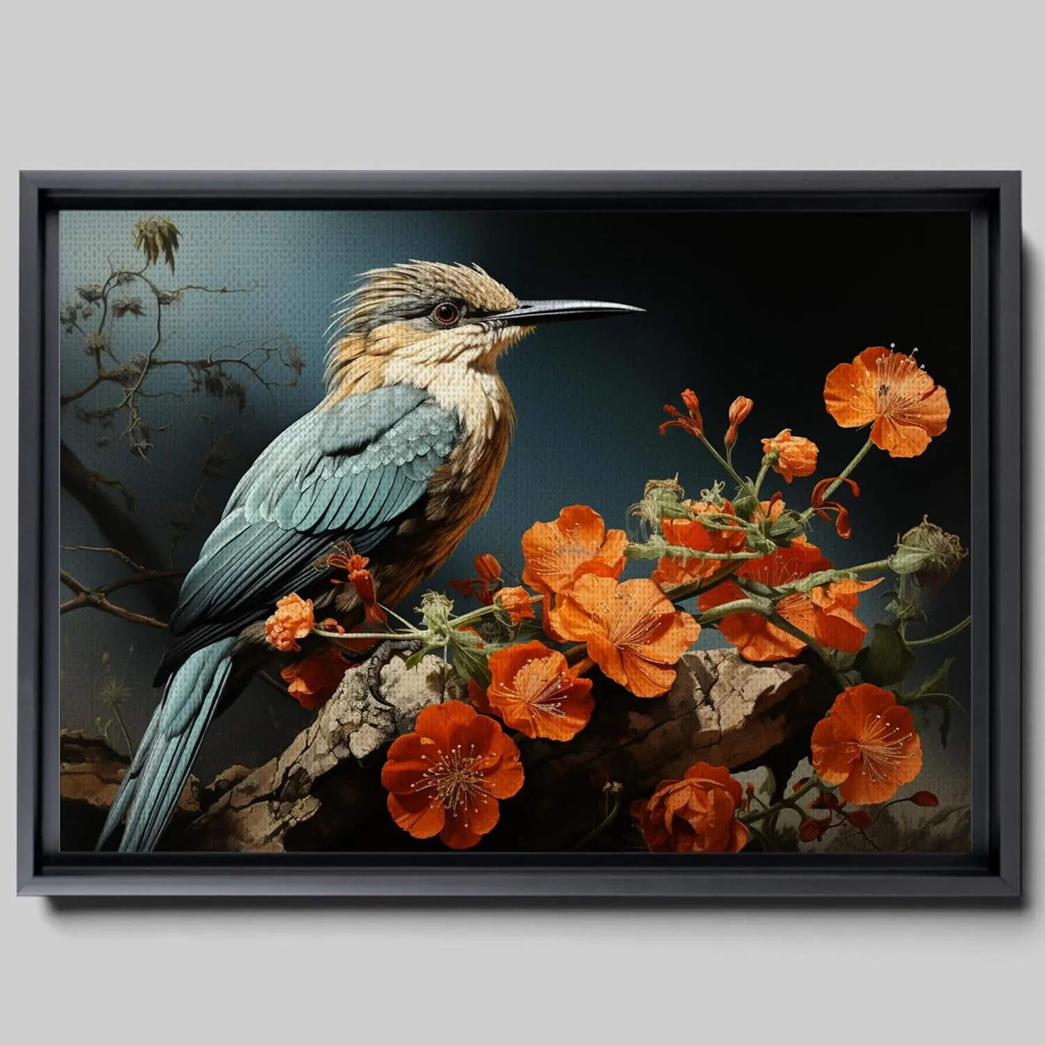 Intricate Pen Illustration of a Hummingbird on a Black Board, Dark Red and Light Emerald Palette, Canvas, Home Decor