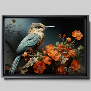 Intricate Pen Illustration of a Hummingbird on a Black Board, Dark Red and Light Emerald Palette, Canvas, Home Decor