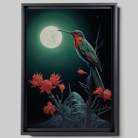 Intricate Pen Illustration of a Hummingbird on a Black Board, Dark Red and Light Emerald Palette, Canvas, Art floral, Decor