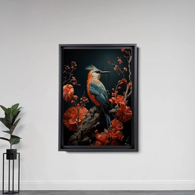 Intricate Pen Illustration of a Hummingbird on a Black Board, Dark Red and Light Emerald Palette, Canvas, Home Decor