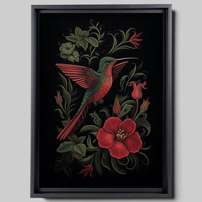 Intricate Pen Illustration of a Hummingbird on a Black Board, Dark Red and Light Emerald Palette, Canvas Prints, Natural Gifts, Wall