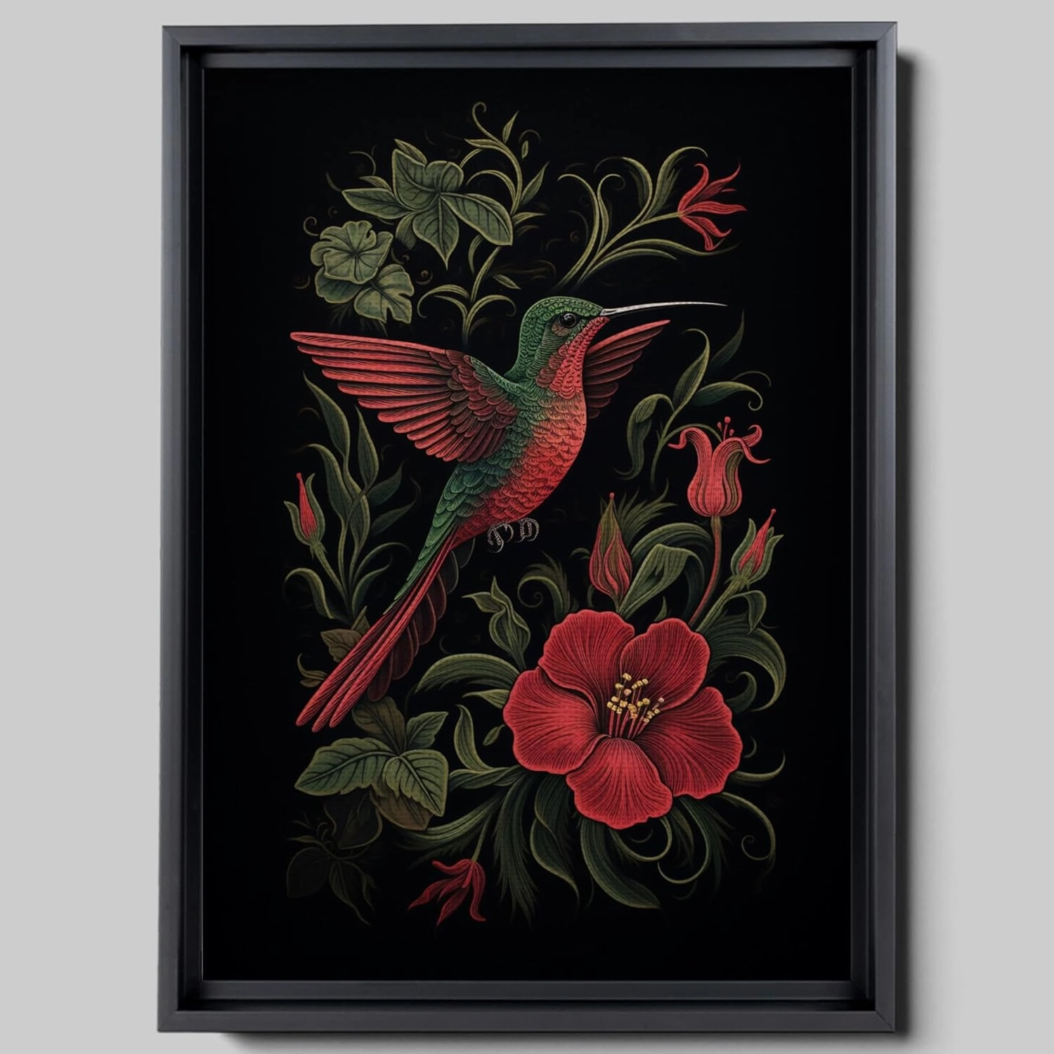 Intricate Pen Illustration of a Hummingbird on a Black Board, Dark Red and Light Emerald Palette, Canvas Prints, Natural Gifts, Wall