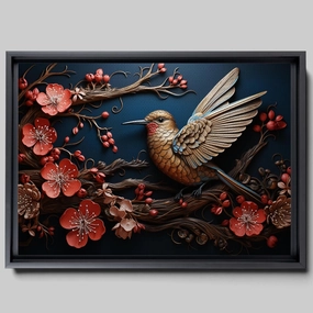 Intricate Pen Illustration of a Hummingbird on a Black Board, Dark Red and Light Emerald Palette, Canvas Prints, Wall Decor