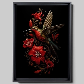 Intricate Pen Illustration of a Hummingbird on a Black Board, Dark Red and Light Emerald Palette, Decor Canvas, Anniversary Gift, Arts