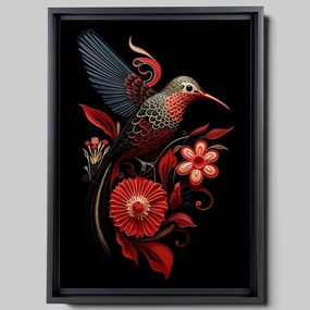 Intricate Pen Illustration of a Hummingbird on a Black Board, Dark Red and Light Emerald Palette, Decor Canvas, Anniversary Gift, Wall