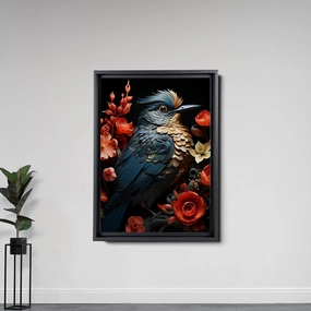 Intricate Pen Illustration of a Hummingbird on a Black Board, Dark Red and Light Emerald Palette, Decor Canvas, Art Decor
