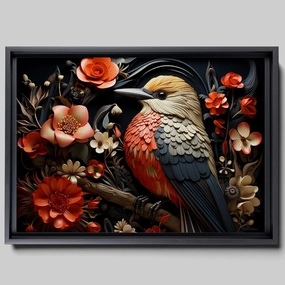 Intricate Pen Illustration of a Hummingbird on a Black Board, Dark Red and Light Emerald Palette, Decor Canvas, Art Decor
