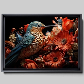 Intricate Pen Illustration of a Hummingbird on a Black Board, Dark Red and Light Emerald Palette, Decor Canvas, Art Print