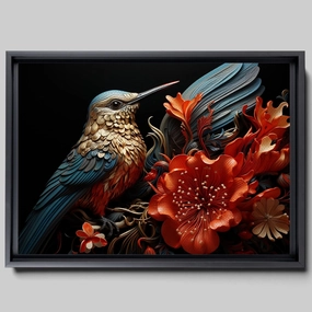 Intricate Pen Illustration of a Hummingbird on a Black Board, Dark Red and Light Emerald Palette, Decor Canvas, Home Decor