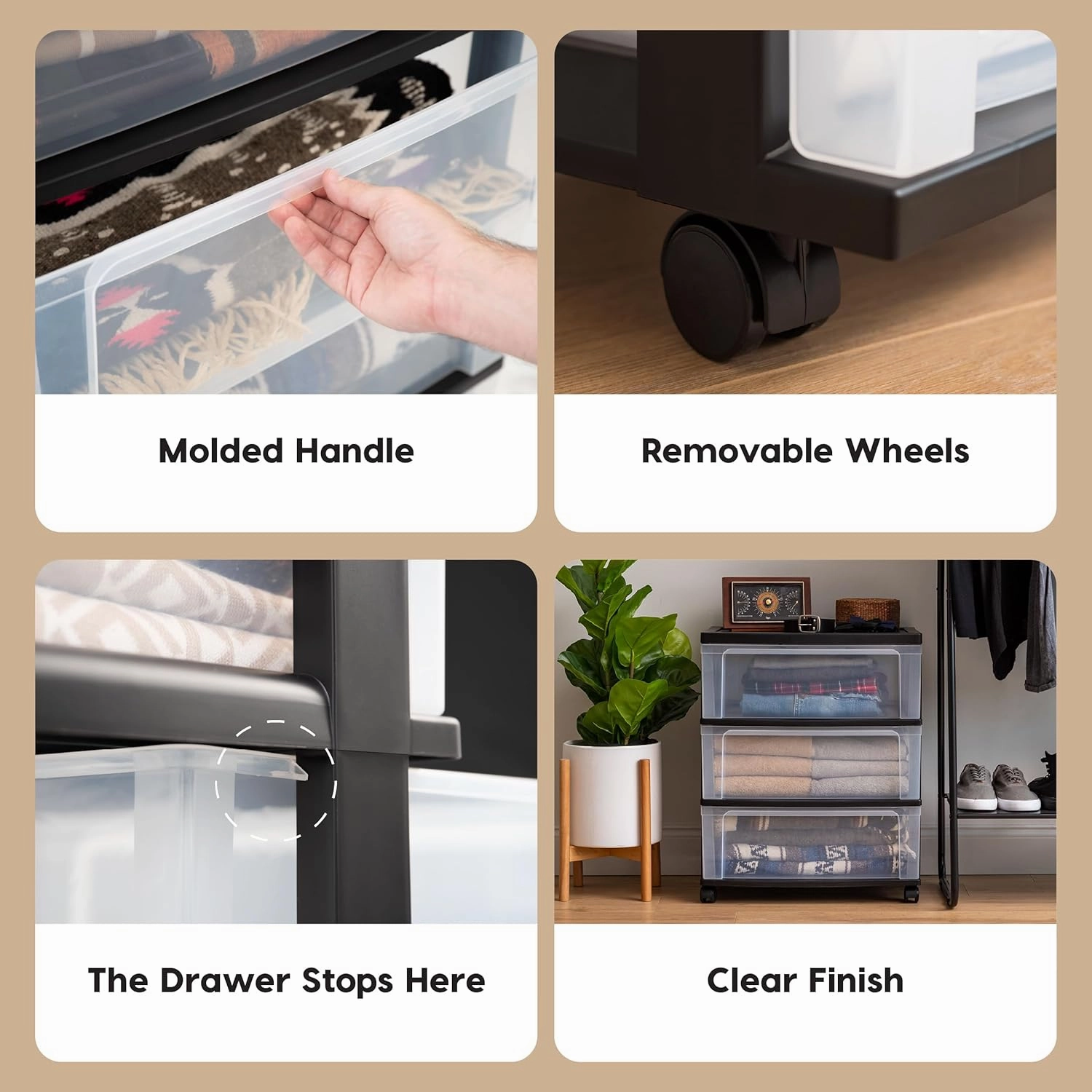 IRIS USA Plastic Drawer Storage Organizer Rolling Cart, with Wheels Casters, 3-Drawers, for Art Craft Supplies Dresser Closet Bathroom Dorm Bedroom Laundry Room, Wide, Black