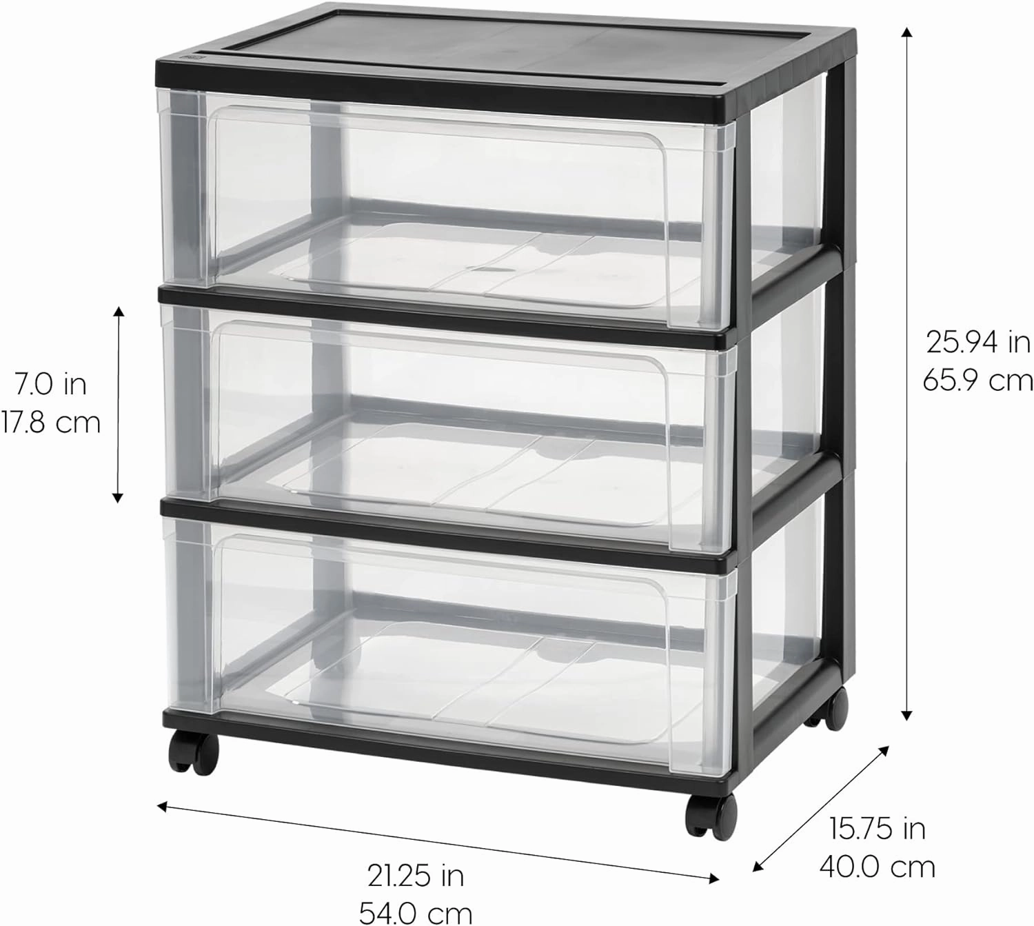 IRIS USA Plastic Drawer Storage Organizer Rolling Cart, with Wheels Casters, 3-Drawers, for Art Craft Supplies Dresser Closet Bathroom Dorm Bedroom Laundry Room, Wide, Black