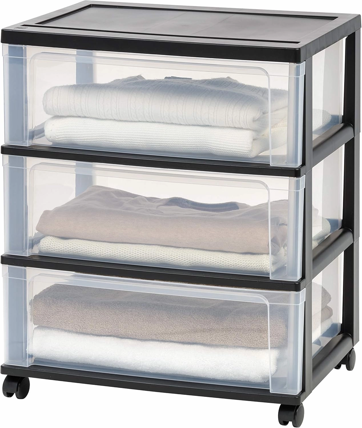 IRIS USA Plastic Drawer Storage Organizer Rolling Cart, with Wheels Casters, 3-Drawers, for Art Craft Supplies Dresser Closet Bathroom Dorm Bedroom Laundry Room, Wide, Black