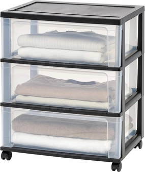 IRIS USA Plastic Drawer Storage Organizer Rolling Cart, with Wheels Casters, 3-Drawers, for Art Craft Supplies Dresser Closet Bathroom Dorm Bedroom Laundry Room, Wide, Black