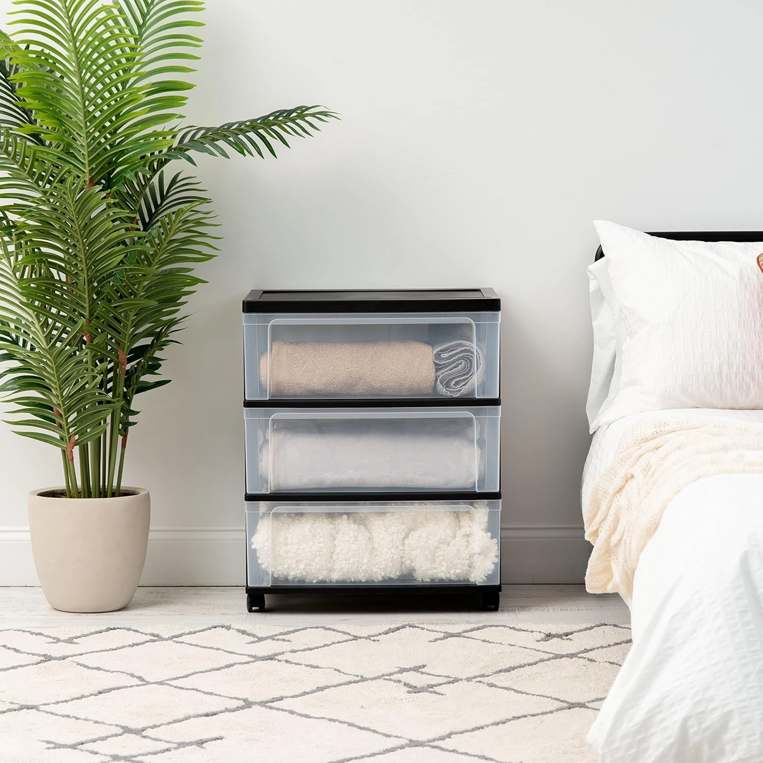 IRIS USA Plastic Drawer Storage Organizer Rolling Cart, with Wheels Casters, 3-Drawers, for Art Craft Supplies Dresser Closet Bathroom Dorm Bedroom Laundry Room, Wide, Black