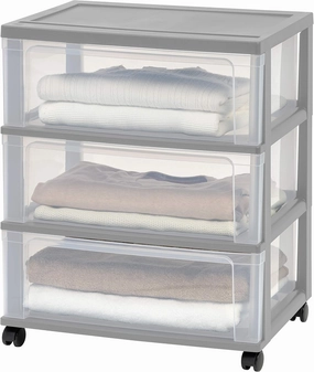IRIS USA Plastic Drawer Storage Organizer Rolling Cart, with Wheels Casters, 3-Drawers, for Art Craft Supplies Dresser Closet Bathroom Dorm Bedroom Laundry Room, Wide, Gray