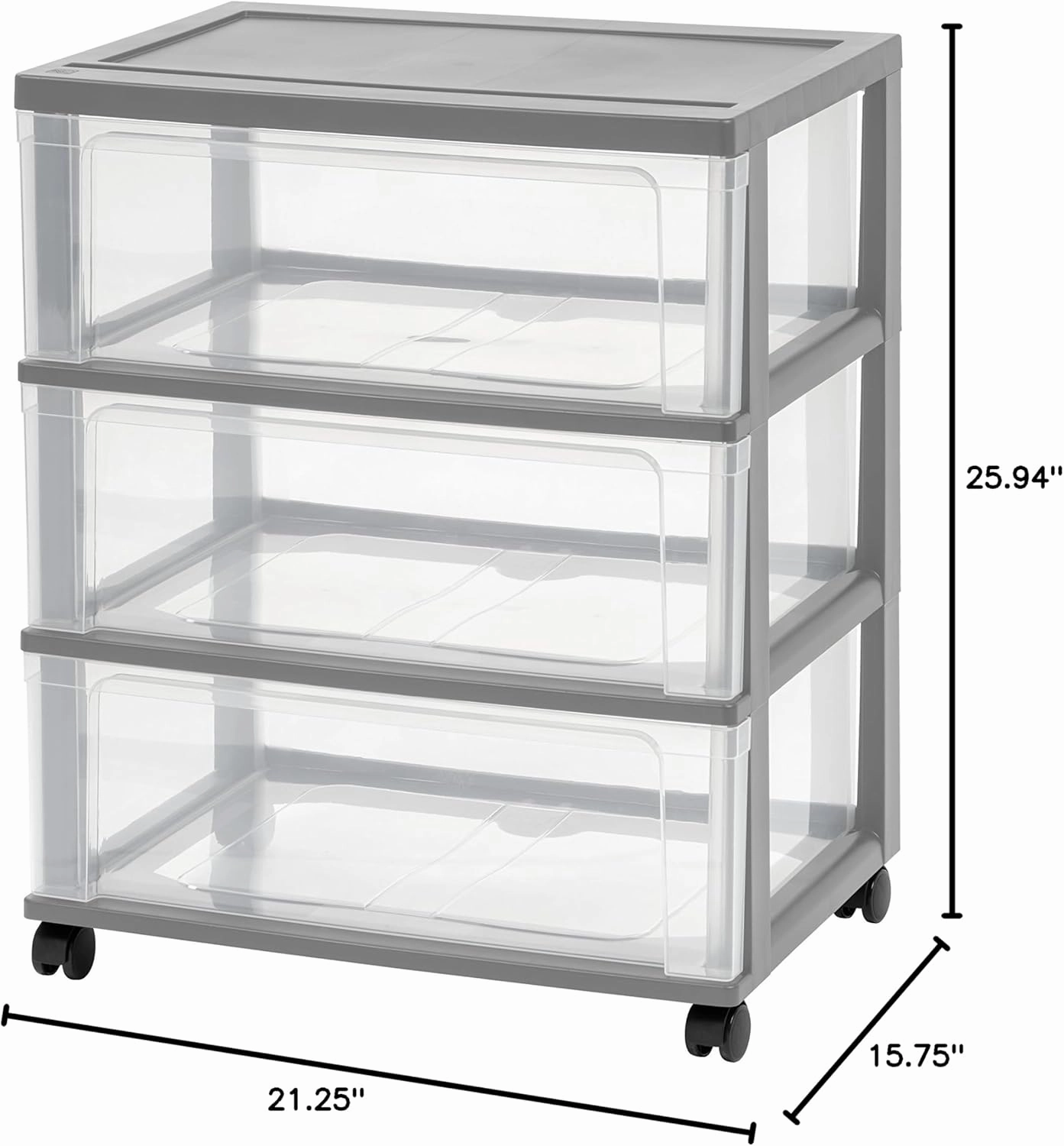 IRIS USA Plastic Drawer Storage Organizer Rolling Cart, with Wheels Casters, 3-Drawers, for Art Craft Supplies Dresser Closet Bathroom Dorm Bedroom Laundry Room, Wide, Gray