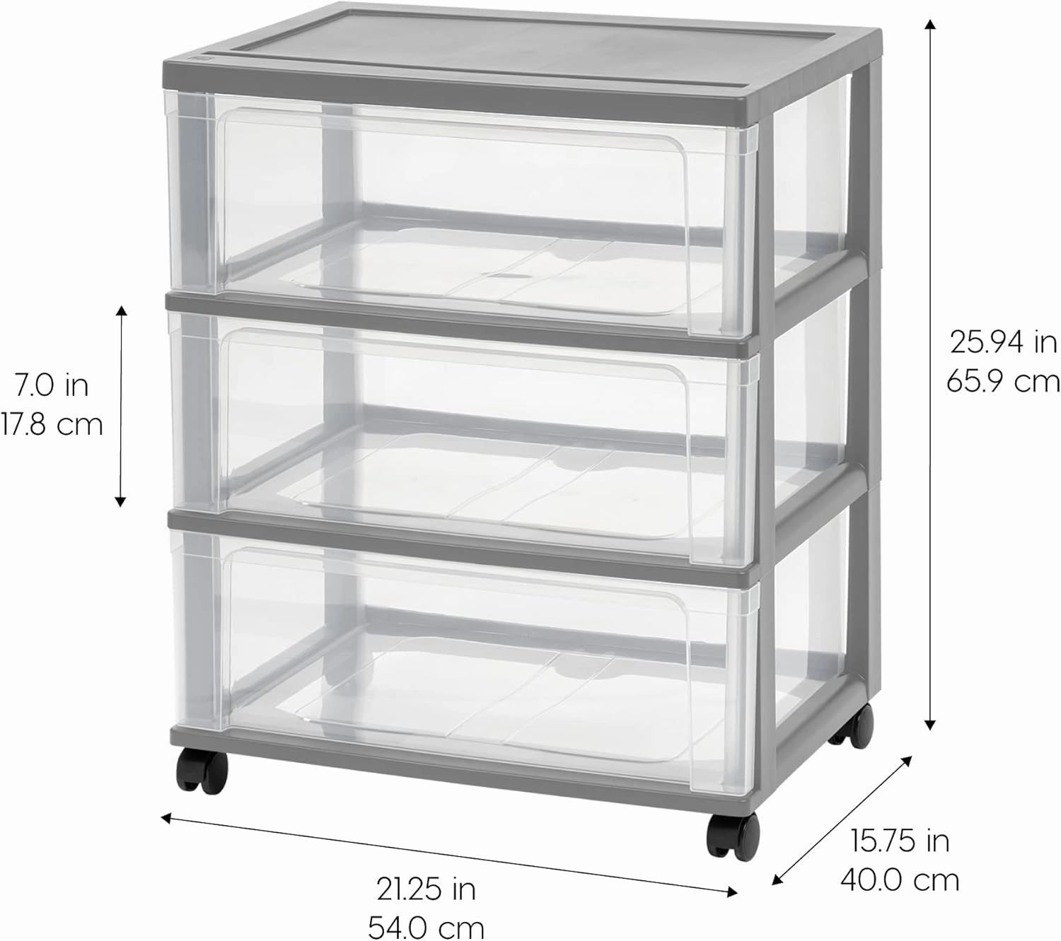 IRIS USA Plastic Drawer Storage Organizer Rolling Cart, with Wheels Casters, 3-Drawers, for Art Craft Supplies Dresser Closet Bathroom Dorm Bedroom Laundry Room, Wide, Gray