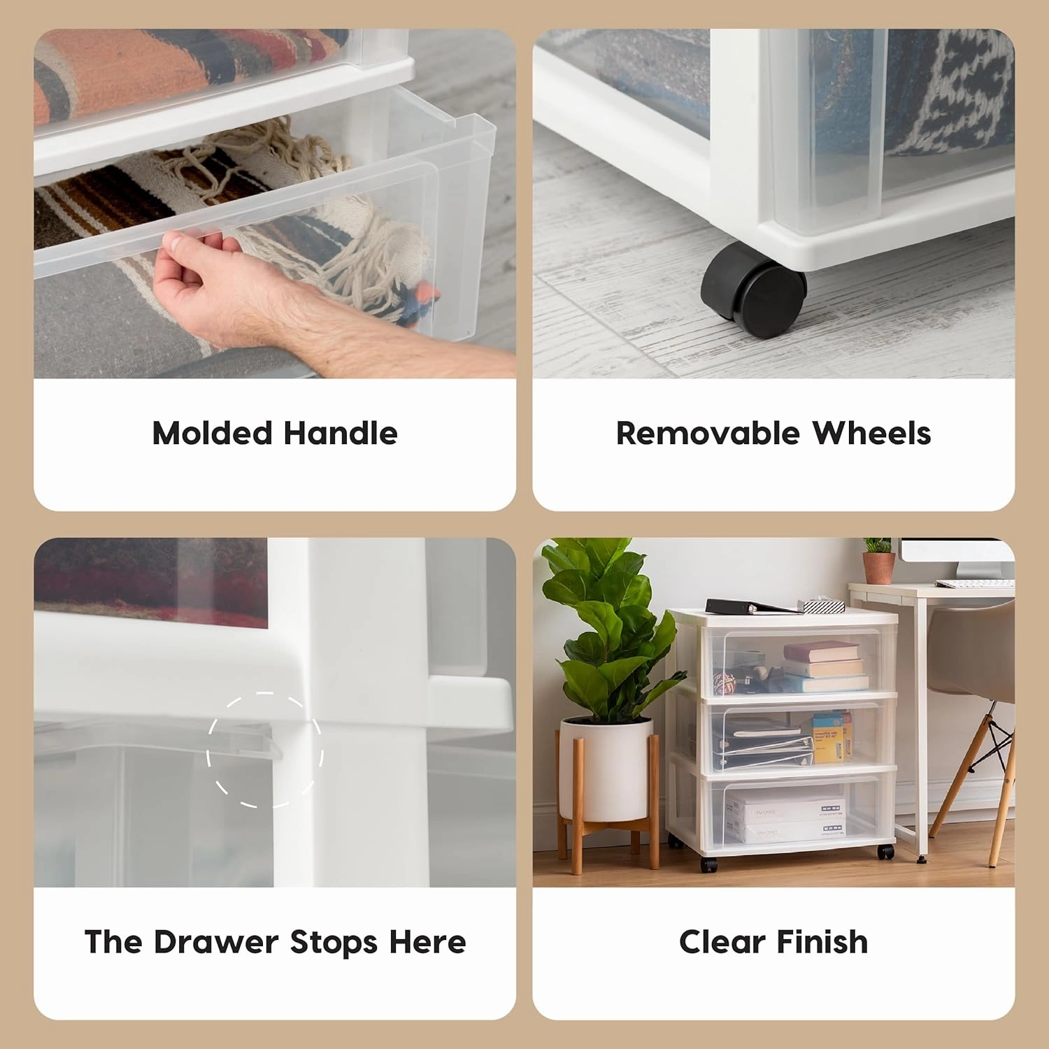 IRIS USA Plastic Drawer Storage Organizer Rolling Cart, with Wheels Casters, 3-Drawers, for Art Craft Supplies Dresser Closet Bathroom Dorm Bedroom Laundry Room, Wide, White