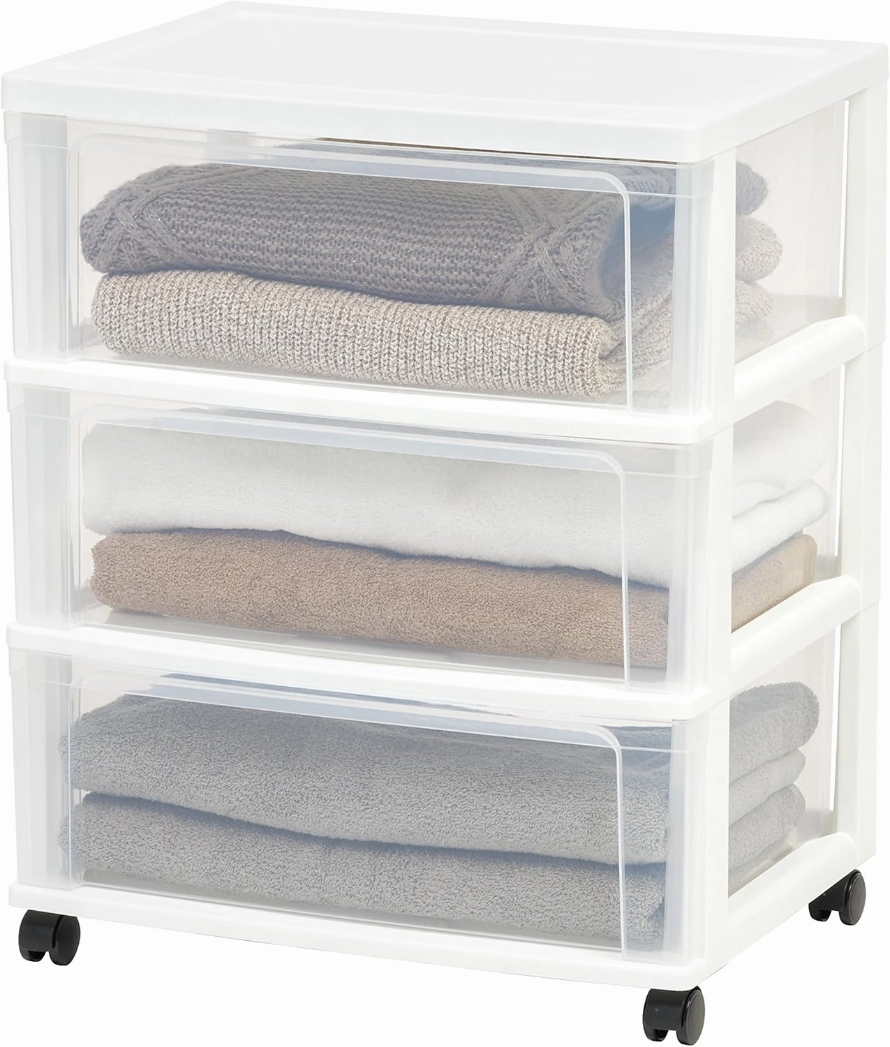 IRIS USA Plastic Drawer Storage Organizer Rolling Cart, with Wheels Casters, 3-Drawers, for Art Craft Supplies Dresser Closet Bathroom Dorm Bedroom Laundry Room, Wide, White
