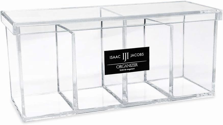 Isaac Jacobs 4-Compartment Clear Acrylic Organizer with Lid (9” L x 3” W x 4” H), Makeup Brush Holder, Sectional Tray, Storage Solution for Makeup, Crafts, Office Supplies & More (1, Clear)