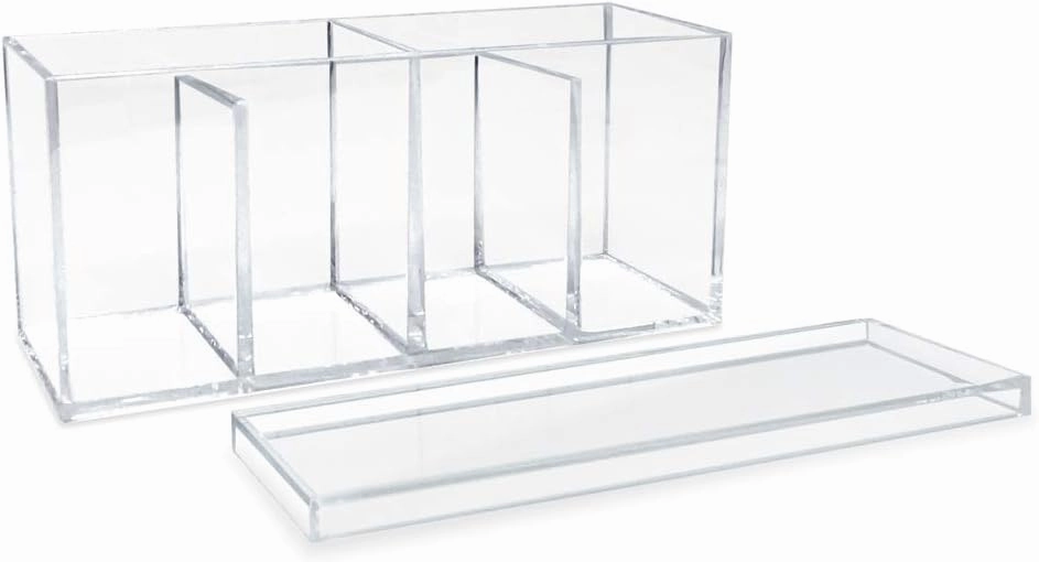 Isaac Jacobs 4-Compartment Clear Acrylic Organizer with Lid (9” L x 3” W x 4” H), Makeup Brush Holder, Sectional Tray, Storage Solution for Makeup, Crafts, Office Supplies & More (1, Clear)