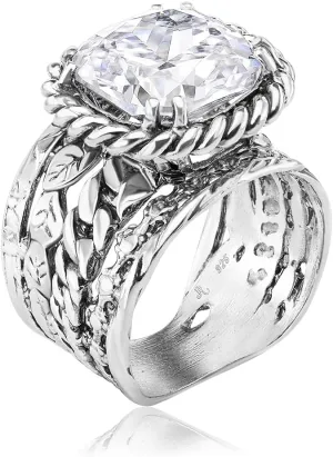 JEAN RACHEL JEWELRY 925 Sterling Silver Ring - Braid & Leaf Vintage Design with Cushion Cubic Zirconia - Hypoallergenic, Lead & Nickel Free - Artisan Handcrafted Statement Rings for Women