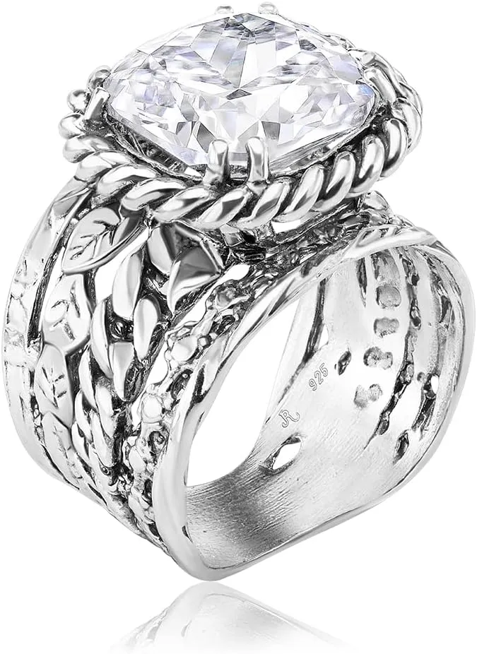 JEAN RACHEL JEWELRY 925 Sterling Silver Ring - Braid & Leaf Vintage Design with Cushion Cubic Zirconia - Hypoallergenic, Lead & Nickel Free - Artisan Handcrafted Statement Rings for Women