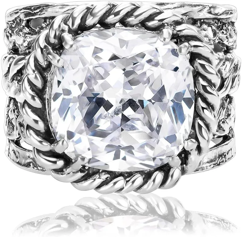 JEAN RACHEL JEWELRY 925 Sterling Silver Ring - Braid & Leaf Vintage Design with Cushion Cubic Zirconia - Hypoallergenic, Lead & Nickel Free - Artisan Handcrafted Statement Rings for Women