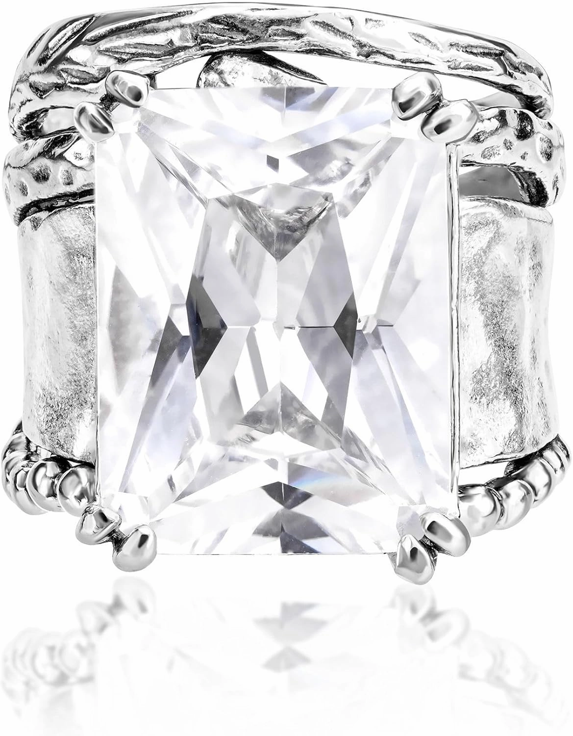 JEAN RACHEL JEWELRY 925 Sterling Silver Ring - Hammered Vintage Design with Octagon Shaped Cubic Zirconia - Hypoallergenic, Lead & Nickel Free - Artisan Handcrafted Statement Rings for Women