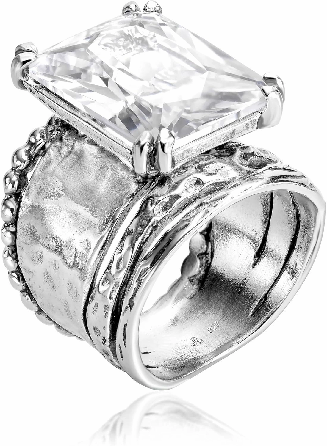 JEAN RACHEL JEWELRY 925 Sterling Silver Ring - Hammered Vintage Design with Octagon Shaped Cubic Zirconia - Hypoallergenic, Lead & Nickel Free - Artisan Handcrafted Statement Rings for Women