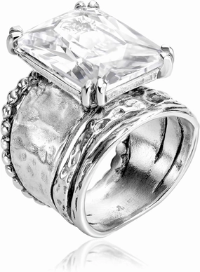 JEAN RACHEL JEWELRY 925 Sterling Silver Ring - Hammered Vintage Design with Octagon Shaped Cubic Zirconia - Hypoallergenic, Lead & Nickel Free - Artisan Handcrafted Statement Rings for Women
