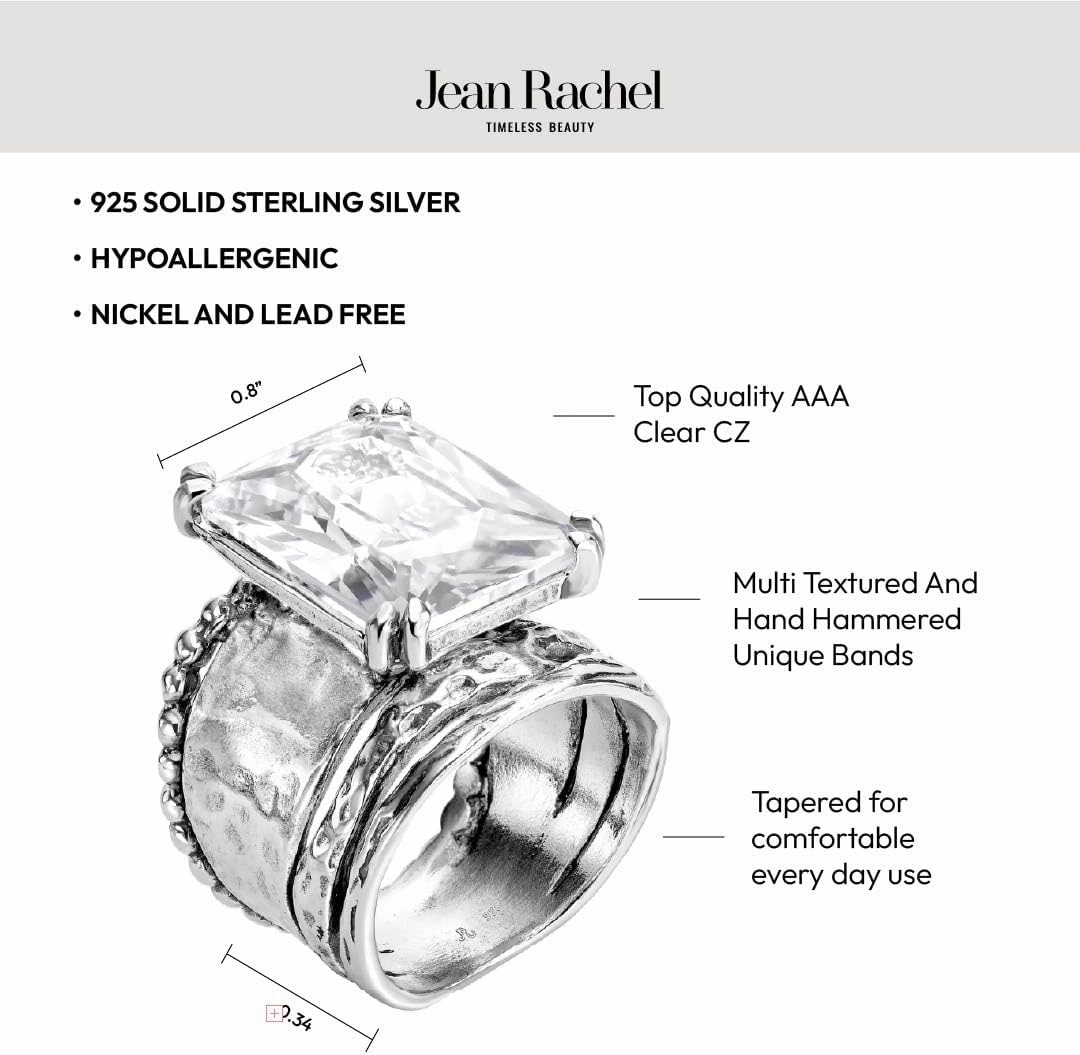 JEAN RACHEL JEWELRY 925 Sterling Silver Ring - Hammered Vintage Design with Octagon Shaped Cubic Zirconia - Hypoallergenic, Lead & Nickel Free - Artisan Handcrafted Statement Rings for Women