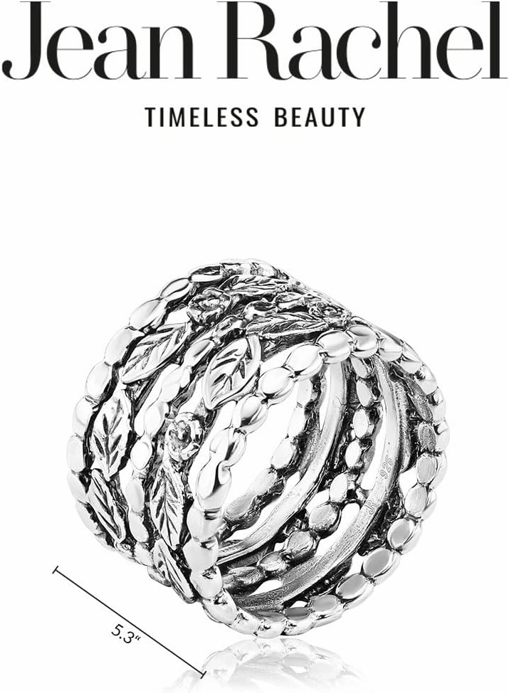 JEAN RACHEL JEWELRY 925 Sterling Silver Ring - Wide Multi Strand with Floral & Leaves Oxidized Vintage Design - Hypoallergenic, Lead & Nickel Free - Artisan Handcrafted Statement Rings for Women
