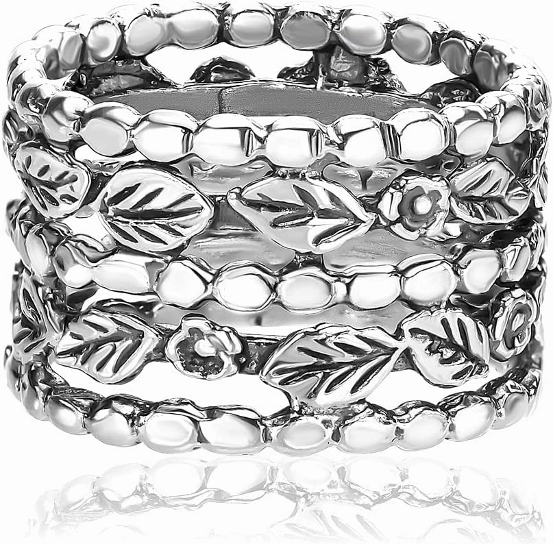 JEAN RACHEL JEWELRY 925 Sterling Silver Ring - Wide Multi Strand with Floral & Leaves Oxidized Vintage Design - Hypoallergenic, Lead & Nickel Free - Artisan Handcrafted Statement Rings for Women
